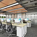 Modern Public Office Space With Computer Monitors Office Chairs Green Signs And Window Lighting