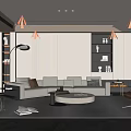 Modern Minimalist Living Room Interior With Beige Sofa Round Coffee Table Fireplace And Bookshelves