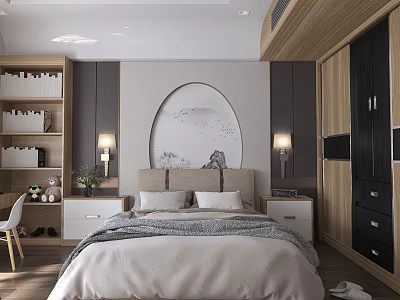 Modern Bedroom Interior Design With Round Decorative Art Wall Lamps Wooden Bookshelf And Dark Wardrobe 3d model
