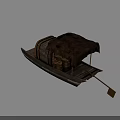 Traditional Wooden Water Transportation Boat With Brown Canopy And Large Wooden Wheel