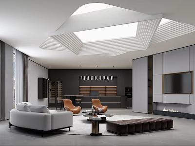 Modern Dining and Living Room Interior With White Sofa Orange Chairs And TV Wall Design 3d model