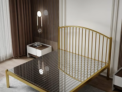 Modern Double Bed With Gold Metal Frame In Bedroom Interior With Bedside Table And Curtains 3d model