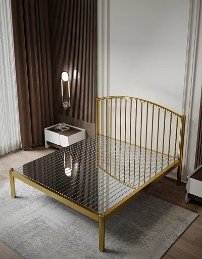 Modern Double Bed With Gold Metal Frame In Bedroom Interior With Bedside Table And Curtains 3d model