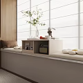 Cozy Minimalist Bay Window Cabinet With Pillows Towels Plant And Side Table