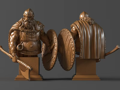 Hand Carved Bronze Warrior Bust Sculptures with Shield Armor Cloak and Weapon 3d model