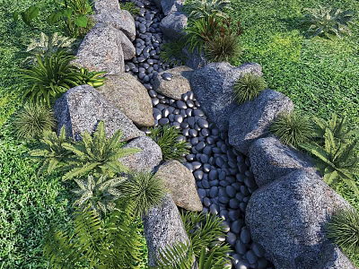 Natural Garden Stream Landscape With Smooth Pebbles Large Rocks And Lush Green Ferns 3d model