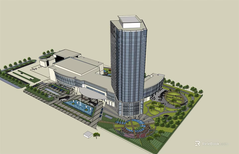 Modern High Rise Office Building With Glass Curtain Wall And Landscaped Gardens 3d model 