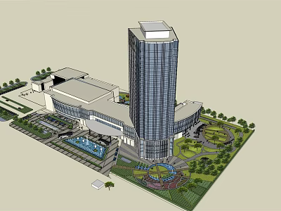 Modern High Rise Office Building With Glass Curtain Wall And Landscaped Gardens 3d model