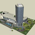 Modern High Rise Office Building With Glass Curtain Wall And Landscaped Gardens