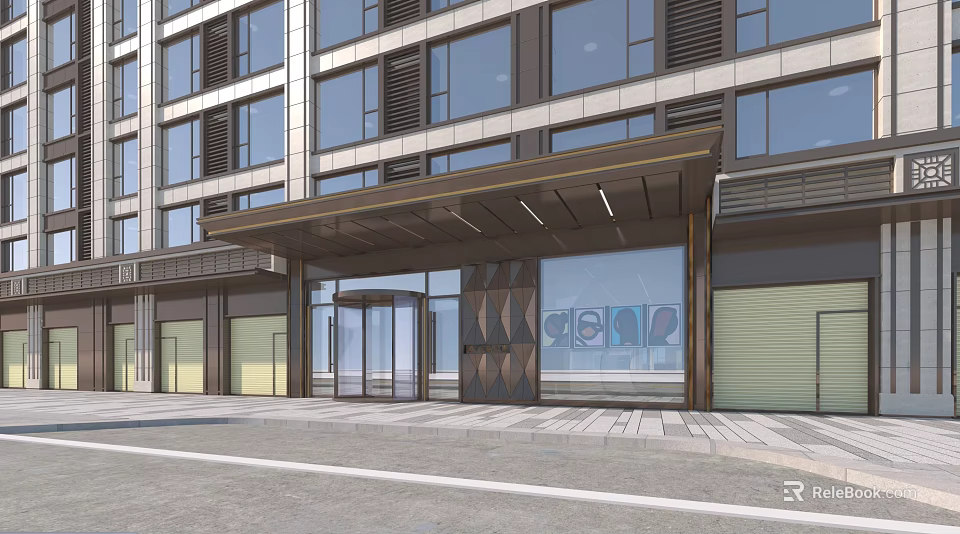 Modern Building Main Entrance Gate With Glass Doors And Canopy Facade 3d model 