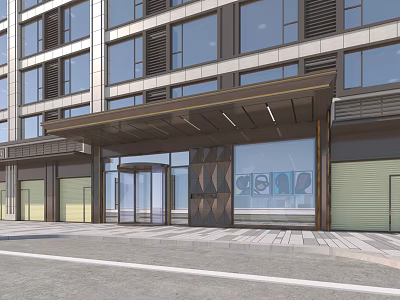Modern Building Main Entrance Gate With Glass Doors And Canopy Facade 3d model