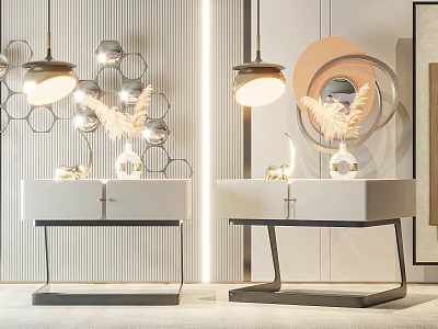 Modern Nightstands With White Countertops Metal Frames Decorative Lights Feather Decor And Circular Mirror 3d model