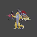Game and Movie Dragon Characters with Yellow Purple Bodies Red Wings Staff and Pendant Ball