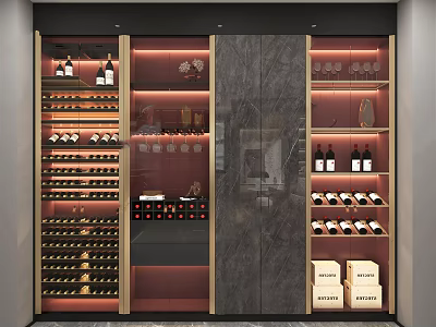 Modern Wine Cabinet Interior Design With Wine Bottles Wine Glasses And Storage Shelves 3d model