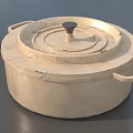 Cream Colored Cooking Pot With Lid Double Handles And Hand Painted Vegetable Design