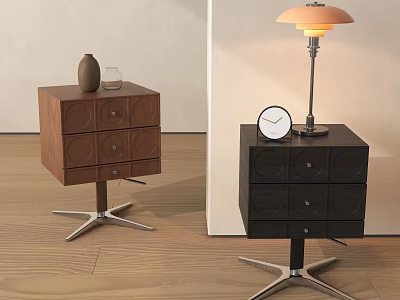 Modern Brown Black Nightstands With Round Drawers Metal Base Lamp Clock Vase And Glass 3d model