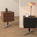 Modern Brown Black Nightstands With Round Drawers Metal Base Lamp Clock Vase And Glass