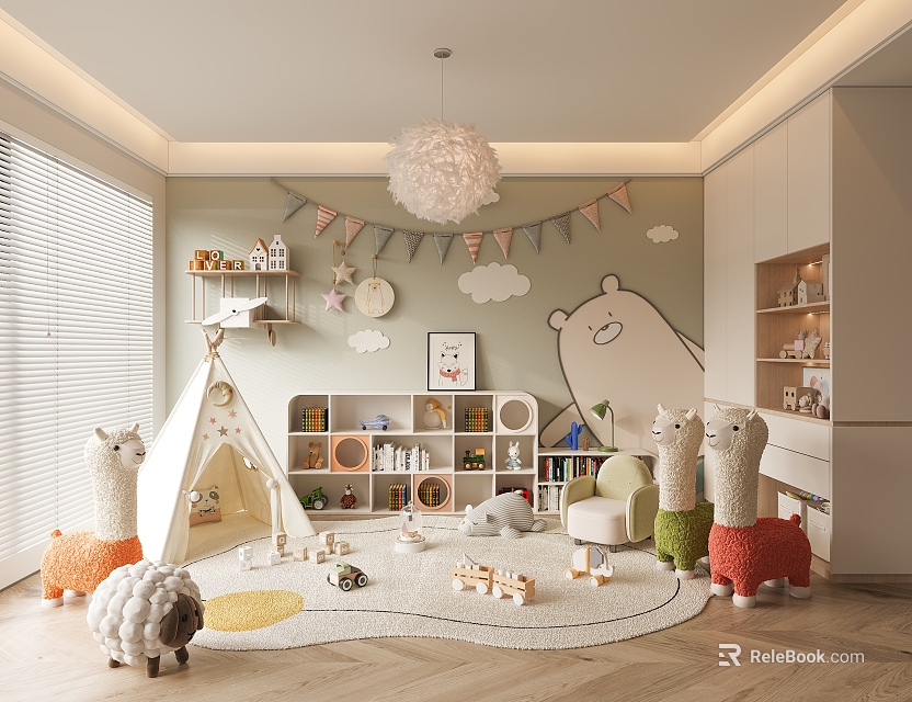 Cozy Kids Playroom with Teepee Bookshelves Bunting Flags Cloud Decorations and Llama Stuffed Toys 3d model 