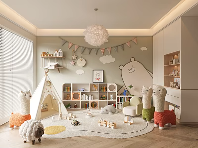 Cozy Kids Playroom with Teepee Bookshelves Bunting Flags Cloud Decorations and Llama Stuffed Toys 3d model