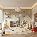 Cozy Kids Playroom with Teepee Bookshelves Bunting Flags Cloud Decorations and Llama Stuffed Toys