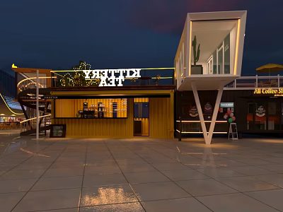 Modern Commercial Street Featuring Unique Architecture Coffee Shop Evening Lighting And Reflective Ground 3d model