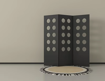 Black Three Panel Room Divider With Circular Cutouts And Round Patterned Rug 3d model