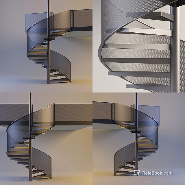 Modern Interior Spiral Staircase Design With Glass Railing And Metal Frame 3d model 