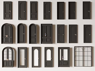 Black Hinged Doors Collection With Various Styles Arched And Glass Panel Designs 3d model