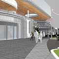 Contemporary Commercial Landscape With Glass Facade Architecture Outdoor Trees Walkway And Pedestrians