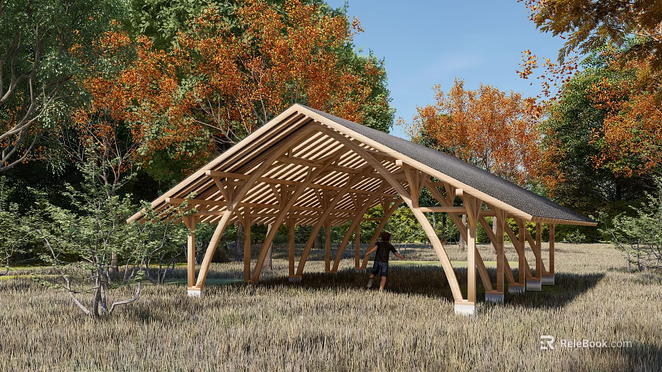 Wooden Pergola with Open Roof Structure Surrounded by Orange Leaf Trees in Grassland 3d model 