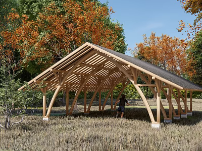 Wooden Pergola with Open Roof Structure Surrounded by Orange Leaf Trees in Grassland 3d model