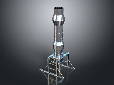 Silver Cylindrical Metallic Tower With Multi Ring Design And Sturdy Base Stand 3d model