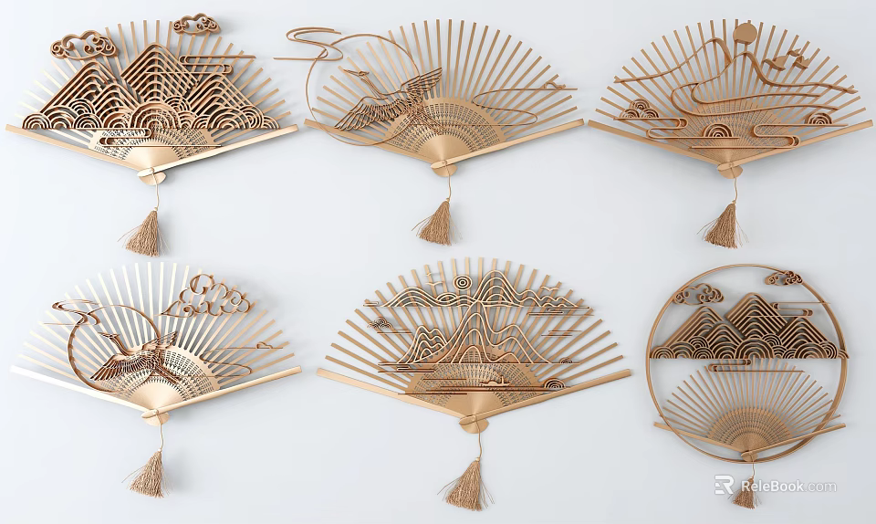 Gold Fan Shaped Wall Decor with Mountain Sun Cloud Patterns and Tassels 3d model 