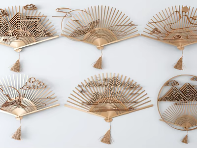 Gold Fan Shaped Wall Decor with Mountain Sun Cloud Patterns and Tassels 3d model