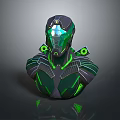 Sci Fi Game Movie Character Bust With Futuristic Black Green Armor And Glowing Blue Accents