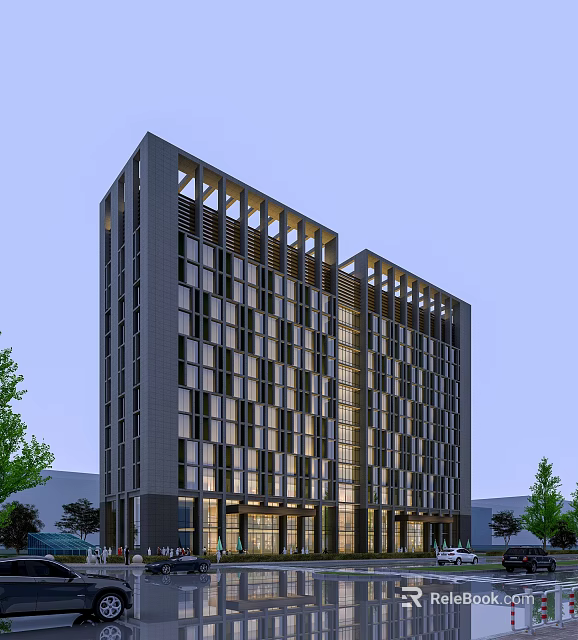 Modern High Rise Hotel Building With Glass Curtain Walls And LED Lighting Design 3d model 