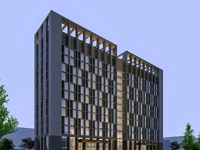 Modern High Rise Hotel Building With Glass Curtain Walls And LED Lighting Design 3d model