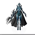 Frost Themed Female Warrior In Silver Blue Armor With Black Cape And Crystal Weapon