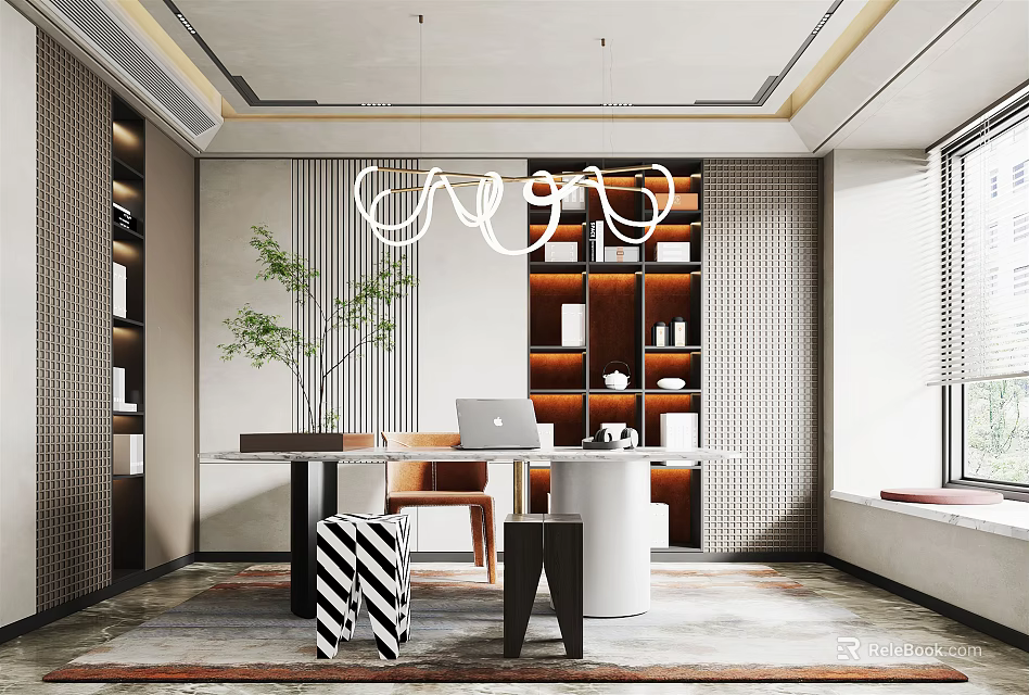 Modern Study Room Interior With Wooden Bookshelf Chandelier Laptop And Green Plant On Desk 3d model 