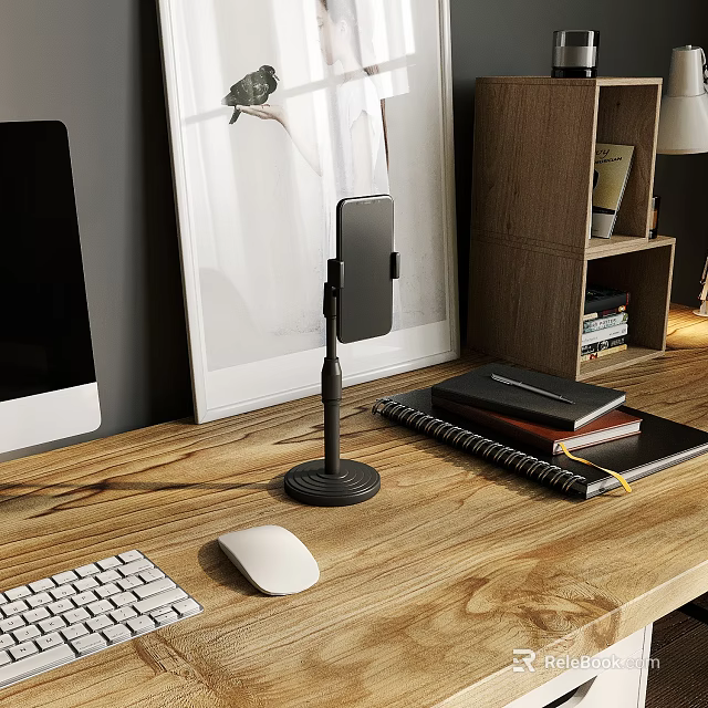 Wooden Home Office Desk Setup With Phone Stand Notebooks Mouse Keyboard Bookshelf And Monitor 3d model 