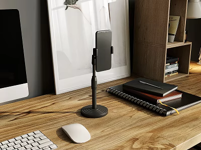 Wooden Home Office Desk Setup With Phone Stand Notebooks Mouse Keyboard Bookshelf And Monitor 3d model