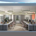 Modern Public Office Space Interior With Workstations Computers Ergonomic Chairs Circular Pendant Lights And Plants