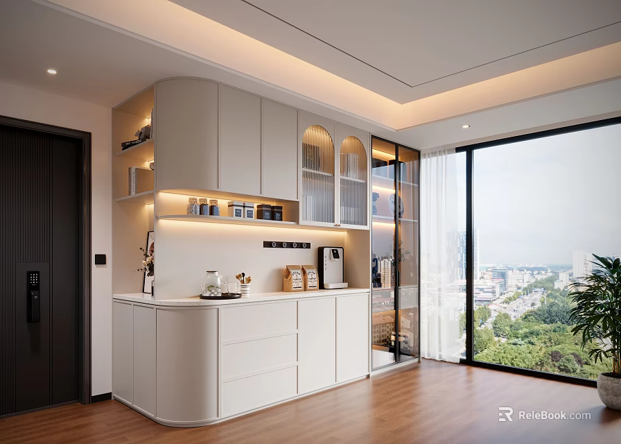 Modern Living Room White Decorative Cabinet With Glass Doors Open Shelves Lighting And Wooden Floor 3d model 