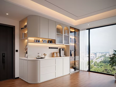 Modern Living Room White Decorative Cabinet With Glass Doors Open Shelves Lighting And Wooden Floor 3d model
