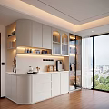 Modern Living Room White Decorative Cabinet With Glass Doors Open Shelves Lighting And Wooden Floor