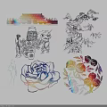 Colorful and Black White Wall Decor With Traditional Architecture Great Wall Figures and Floral Patterns