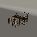 Traditional Chinese Wooden Tea Table With Armchairs Tea Sets And Decorative Plants