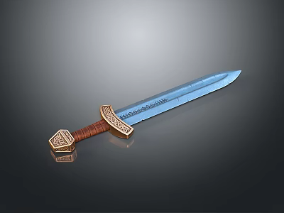 Shiny Medieval Sword With Metal Blade Brown Hilt And Golden Decorative Design 3d model