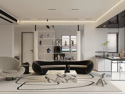 Modern Open Dining Living Room Interior With Sofa Coffee Table Decorative Shelf And Area Rug 3d model