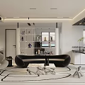 Modern Open Dining Living Room Interior With Sofa Coffee Table Decorative Shelf And Area Rug